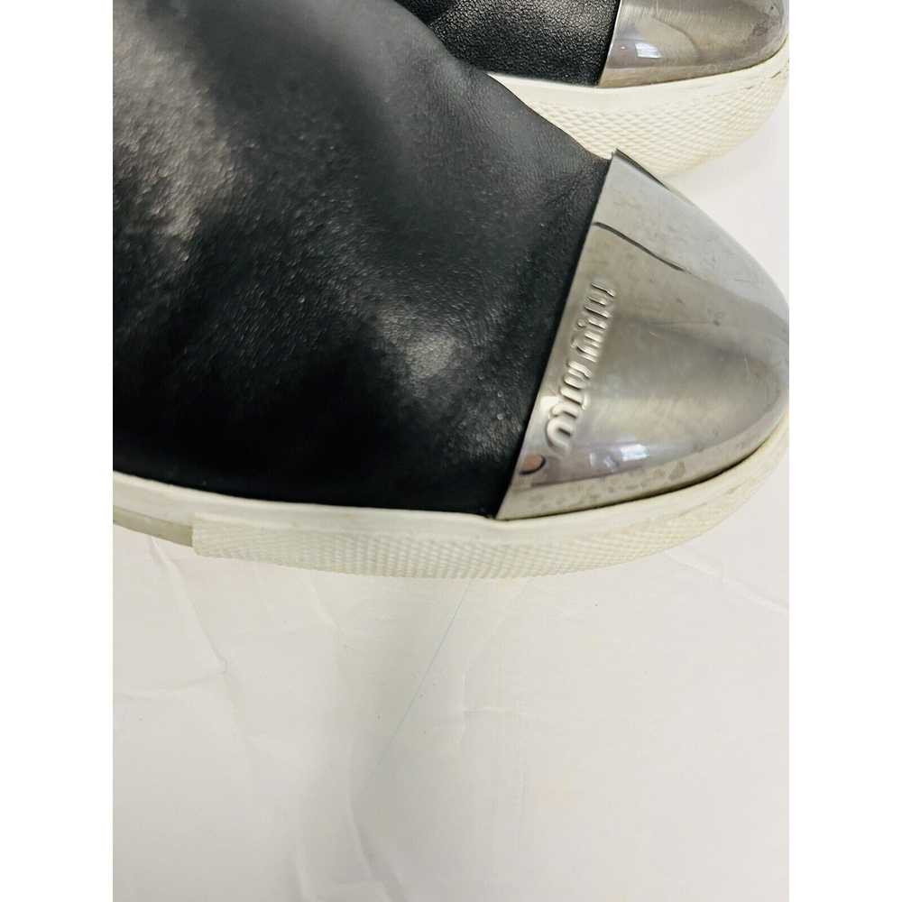MIU MIU Black Leather Metal Cap Toe Logo Slip On … - image 9