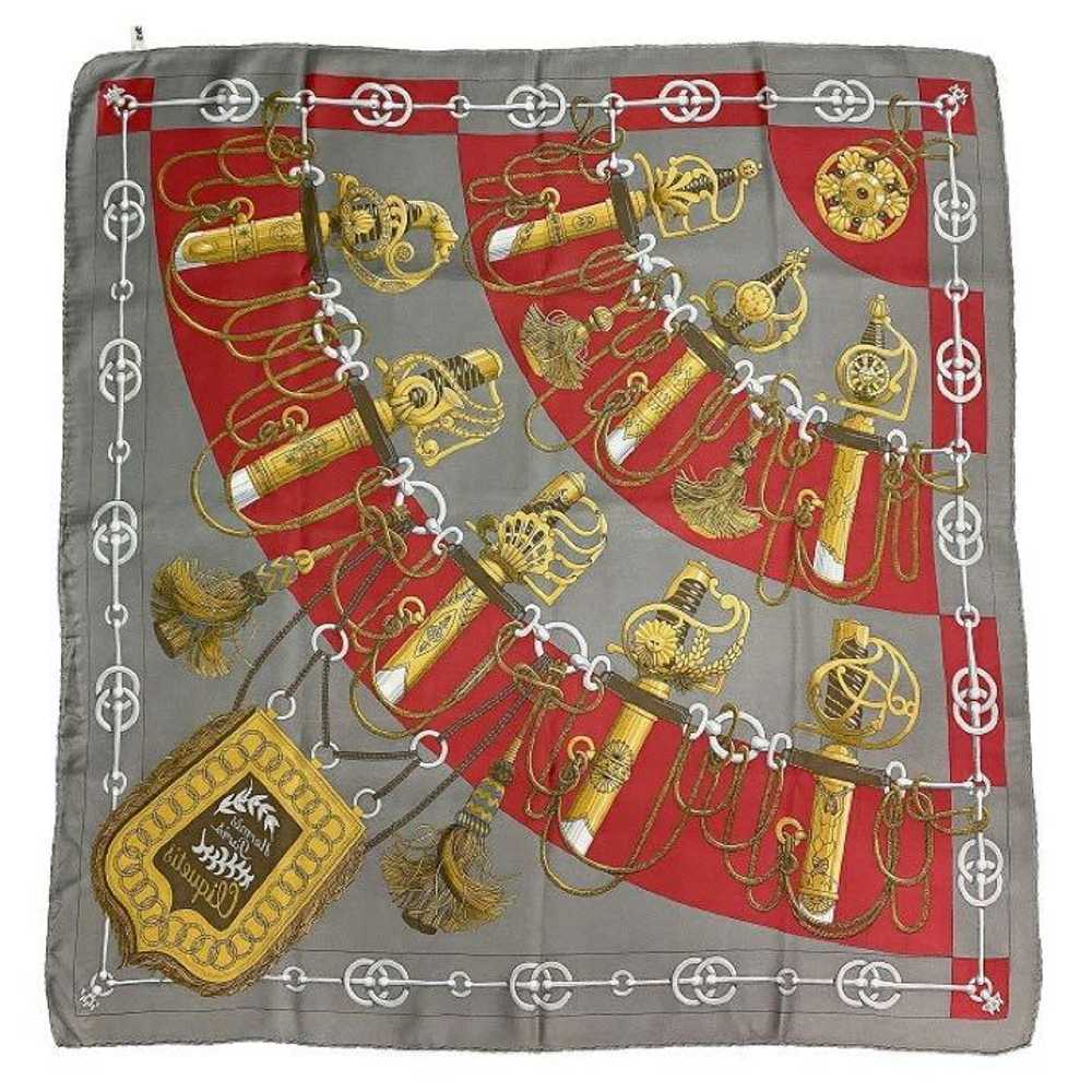 [Used Scarf] Hermes Scarf Carre 90 Gray Red Gold … - image 2