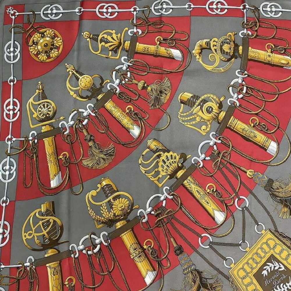 [Used Scarf] Hermes Scarf Carre 90 Gray Red Gold … - image 4