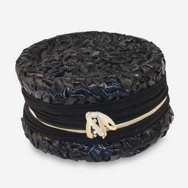 1950s Black Straw Hat, Rhinestone Bow, Size 21 - image 1
