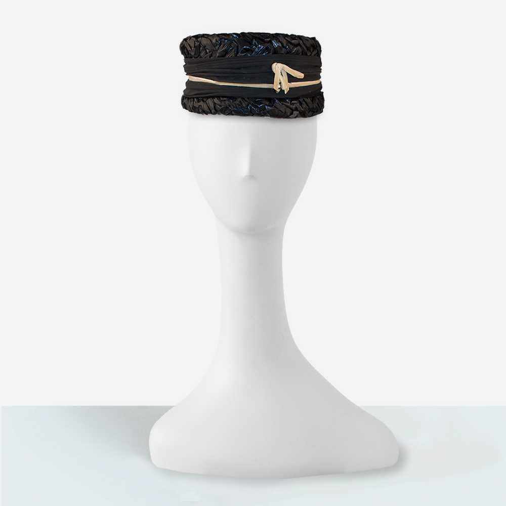 1950s Black Straw Hat, Rhinestone Bow, Size 21 - image 2