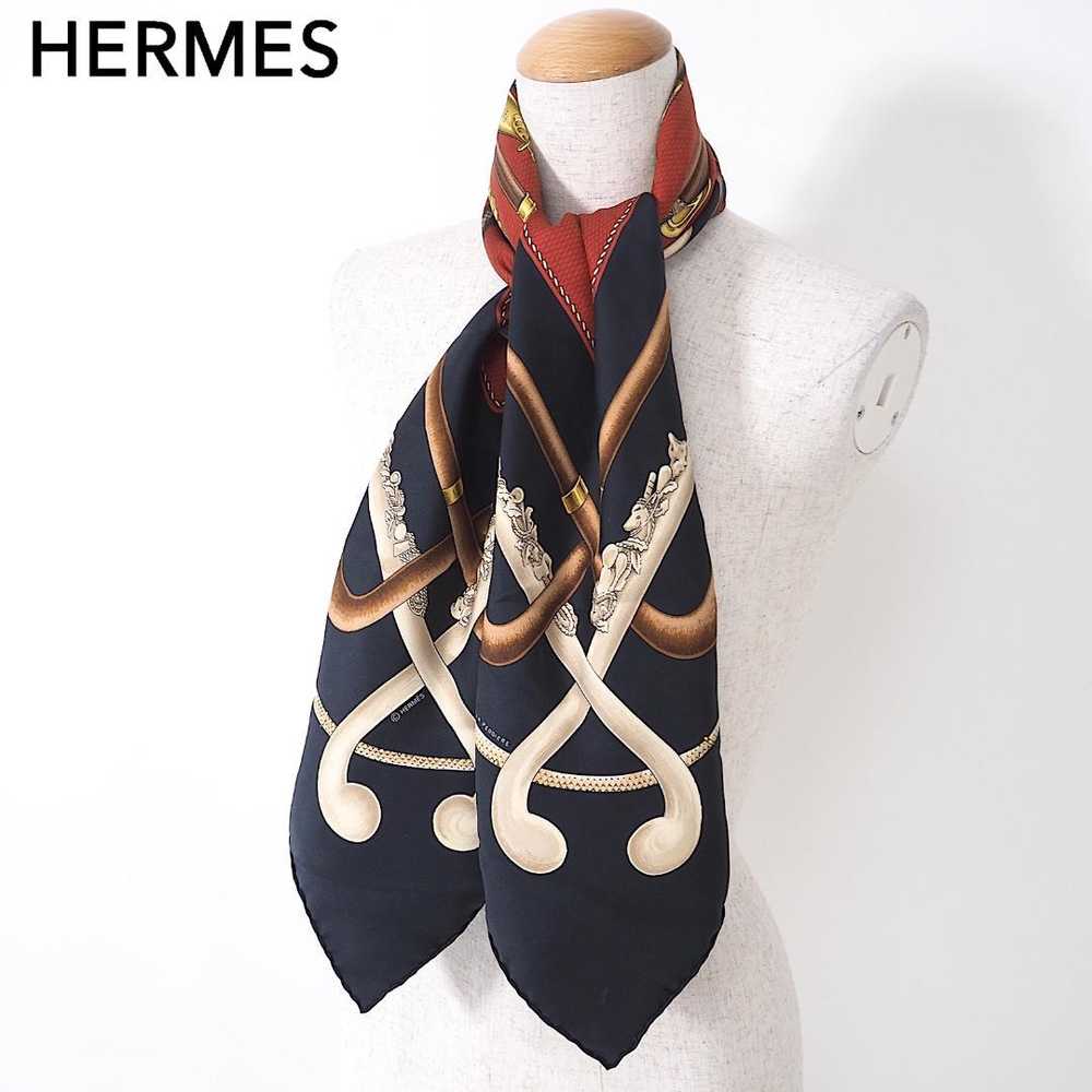 [Used Scarf] 4-Sd047 Hermes Women'S Navy Red Carr… - image 1