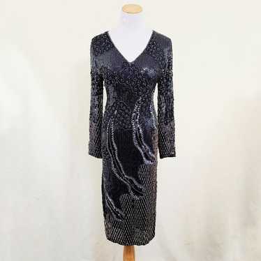 Vintage Beaded Silk Gown Black Dress Rainbow Irid… - image 1