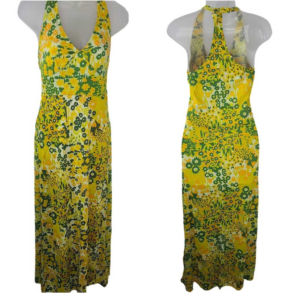 VTG Dress Mod Stretch Halter Yellow Green Flower … - image 1
