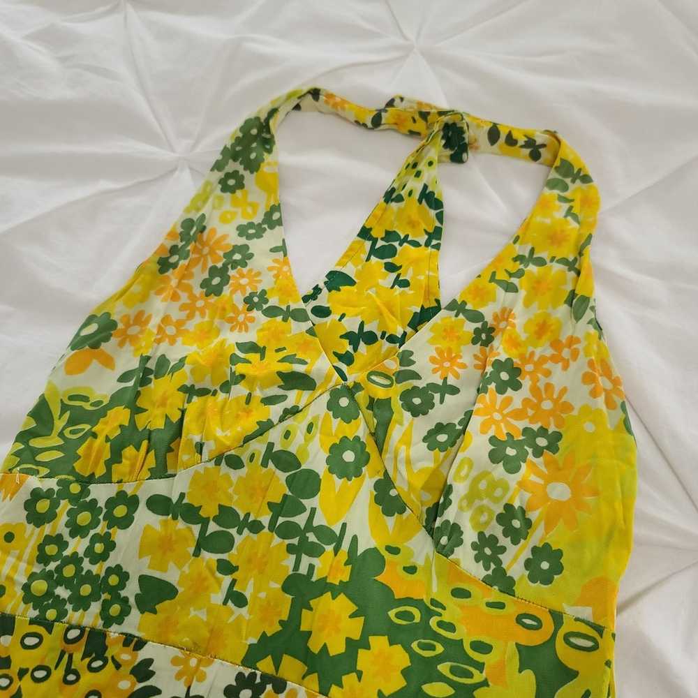 VTG Dress Mod Stretch Halter Yellow Green Flower … - image 2