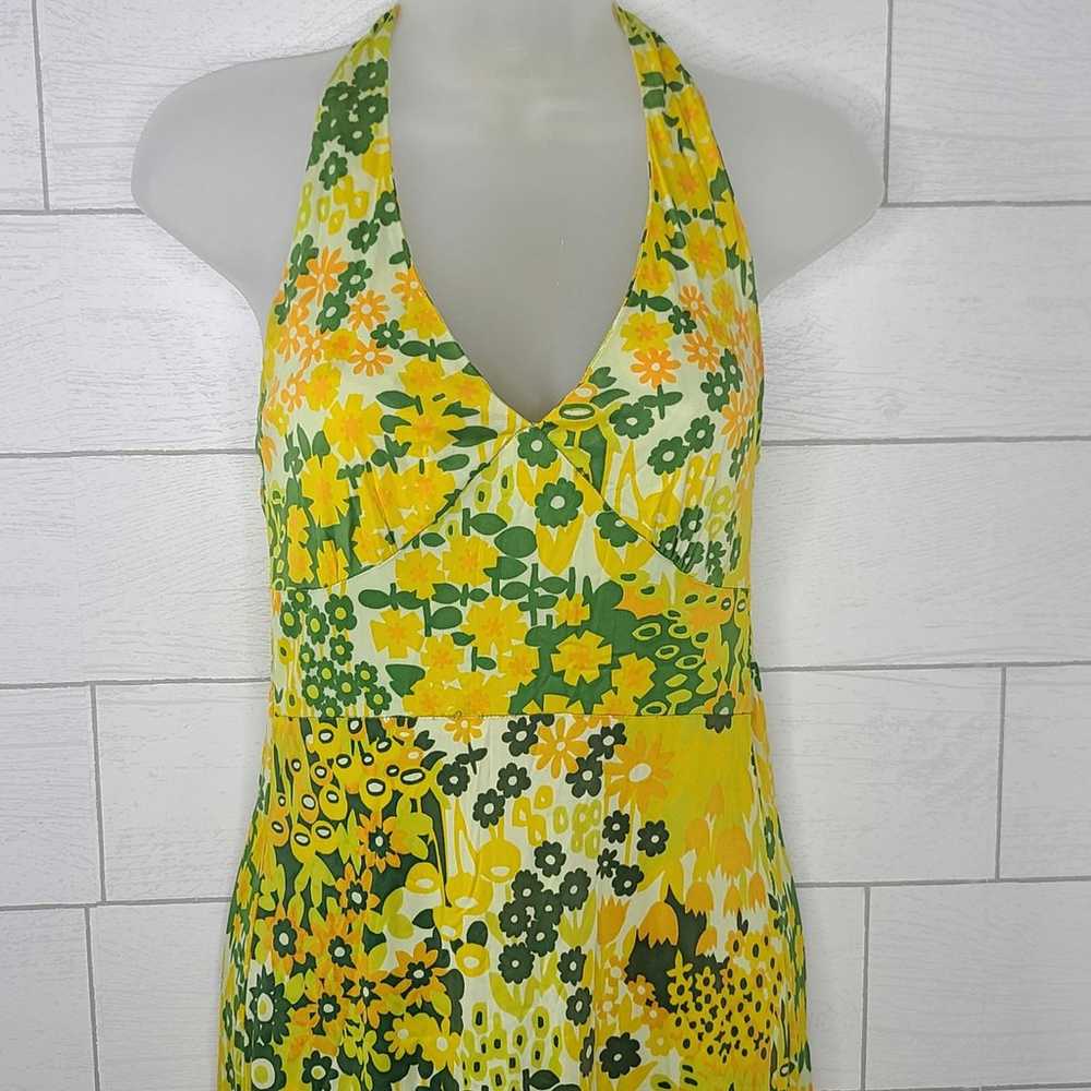 VTG Dress Mod Stretch Halter Yellow Green Flower … - image 6