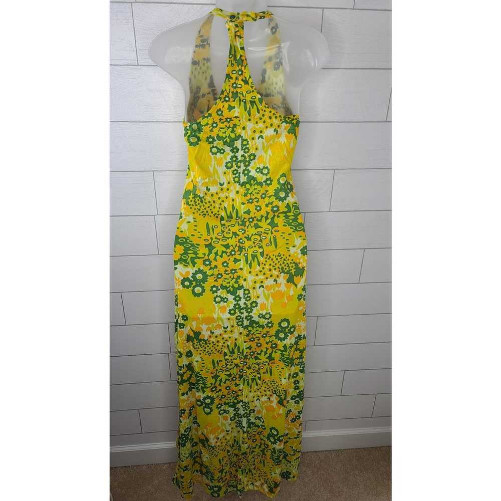 VTG Dress Mod Stretch Halter Yellow Green Flower … - image 7