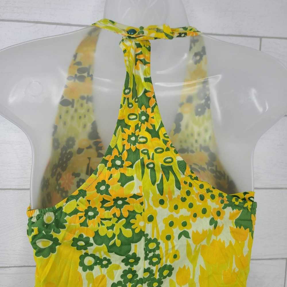 VTG Dress Mod Stretch Halter Yellow Green Flower … - image 8