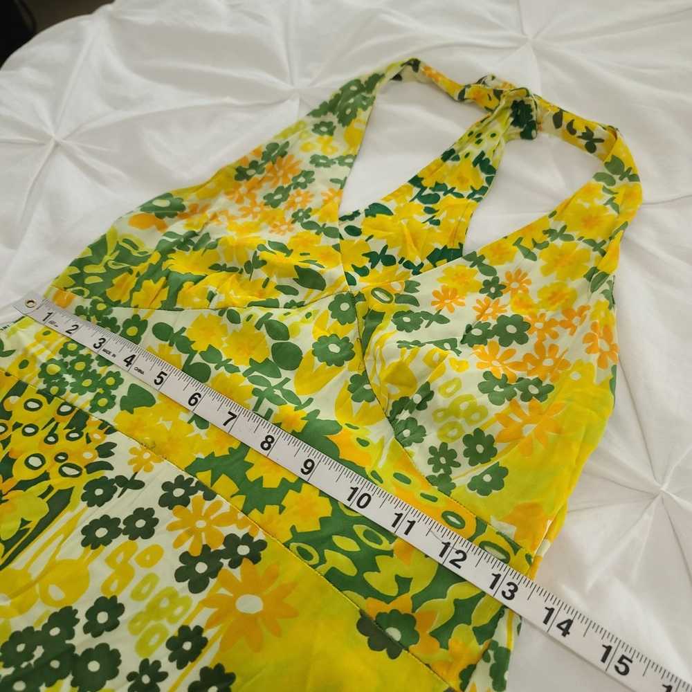 VTG Dress Mod Stretch Halter Yellow Green Flower … - image 9