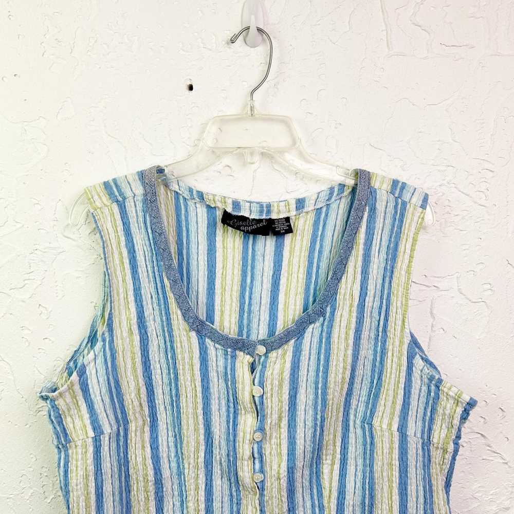 Vintage 90s Blue Green Striped Button Front Smock… - image 2