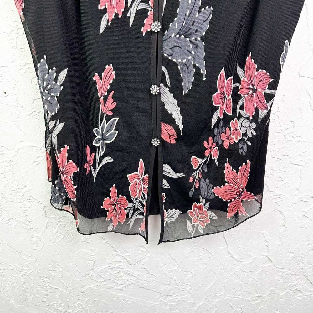 Vintage Black Pink Floral Sheer V-Neck Button Fro… - image 3