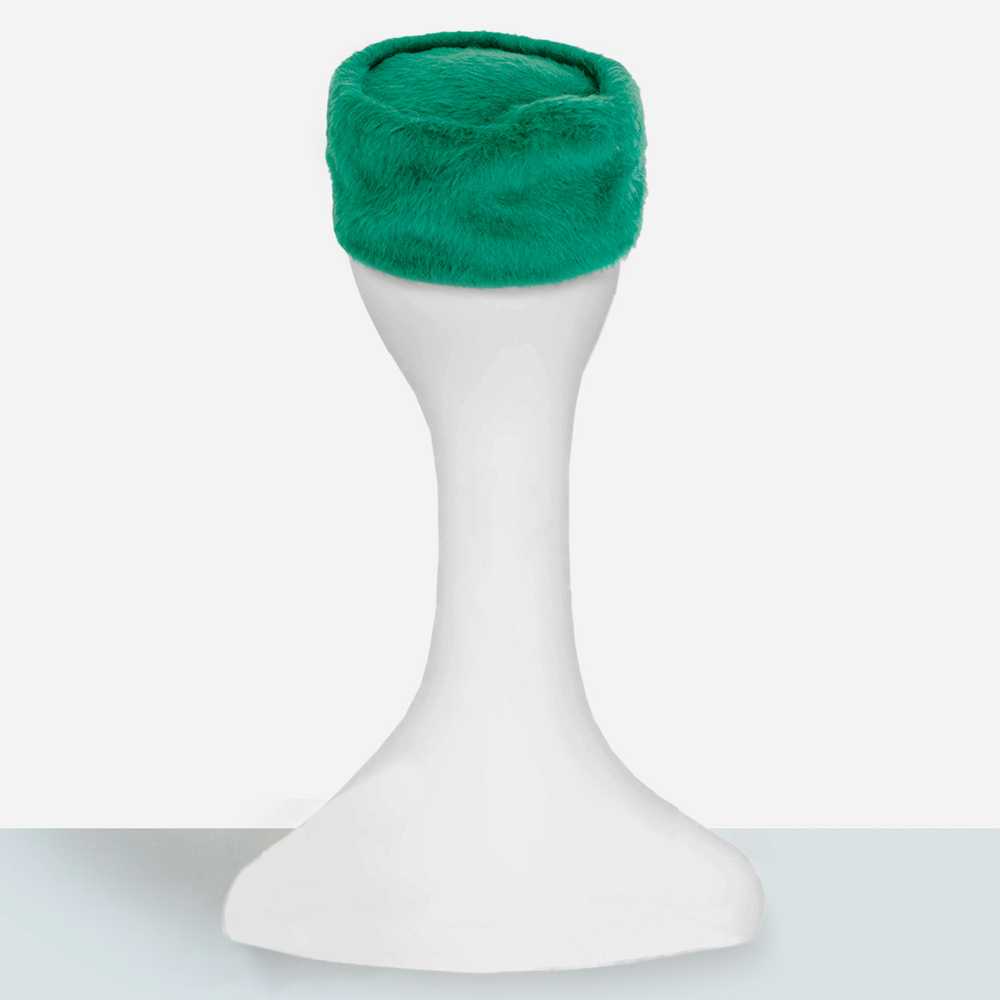 1960s Green Pillbox Hat, Melusine Wool Faux Fur - image 4
