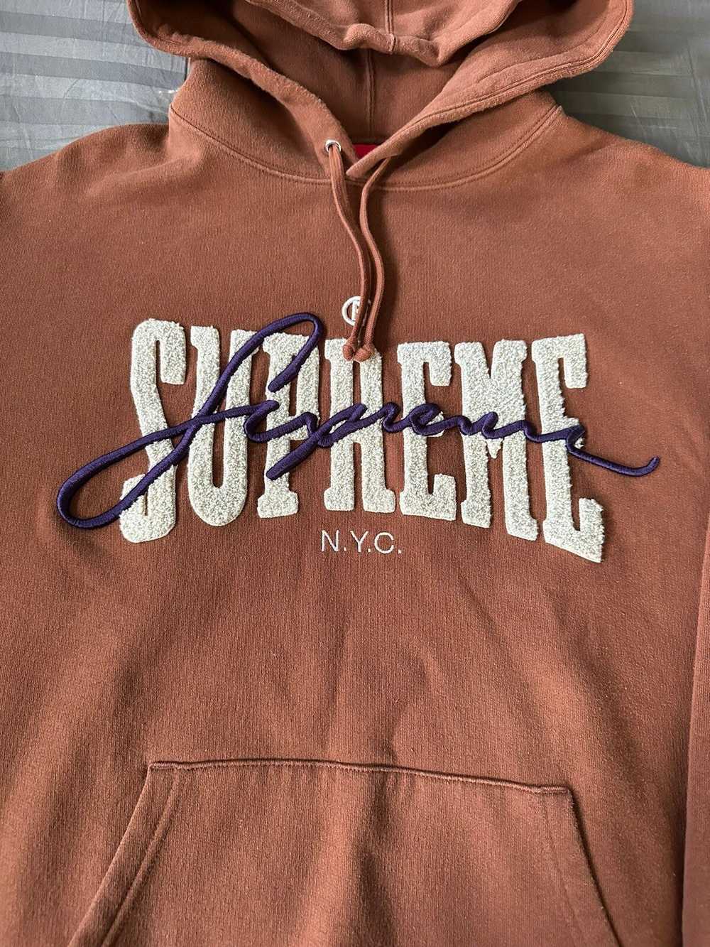 Supreme Embroidered Chenille Hooded Sweatshirt Br… - image 2