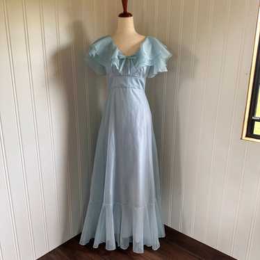 Vintage 60s/70s Coquette Blue Chiffon Maxi Dress … - image 1