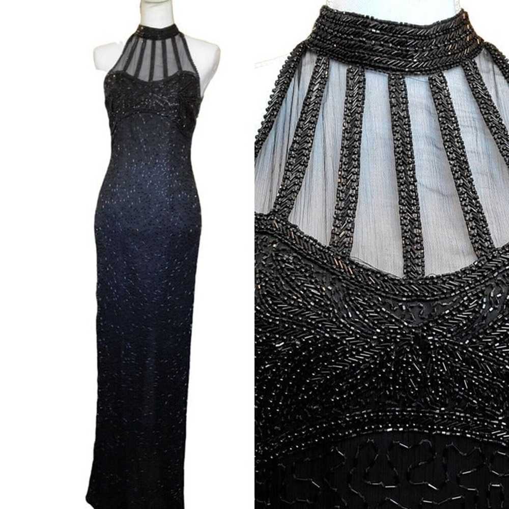 Vintage 80s Black Silk Beaded Sexy Evening Dress … - image 1
