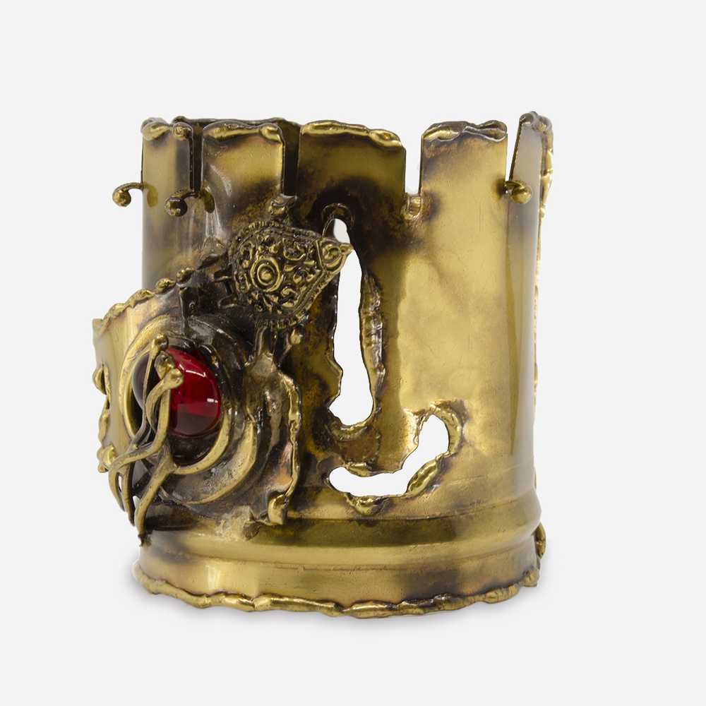 1960s Brutalist Brass Cuff, Red Glass Center - image 4