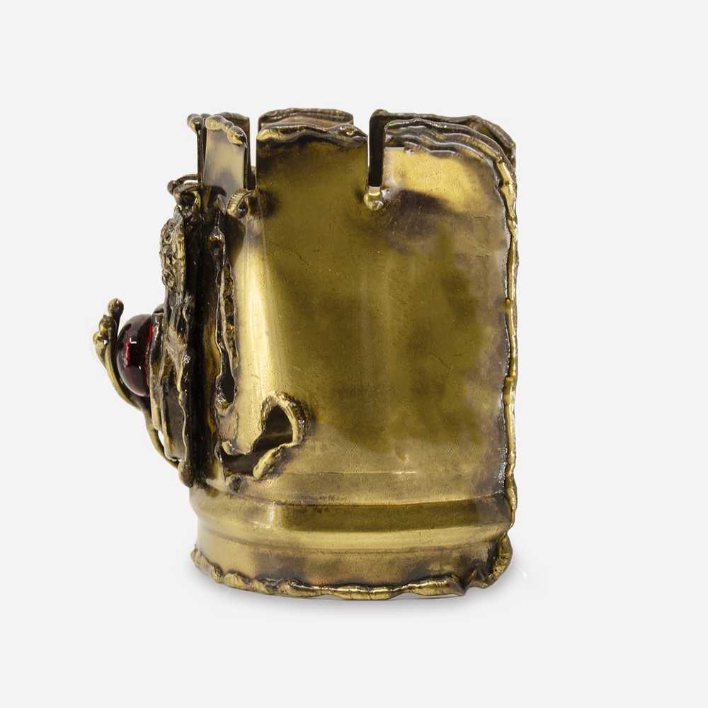 1960s Brutalist Brass Cuff, Red Glass Center - image 5