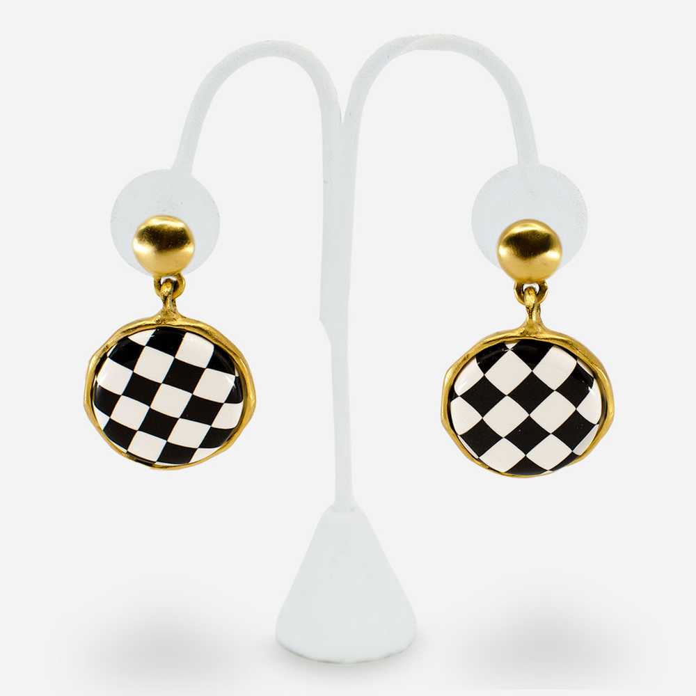 KJL Checkerboard Earrings, Black, White, Kenneth … - image 2