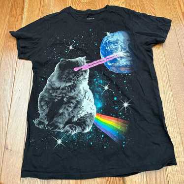 Cat in space with laser eyes funny t shirt - image 1
