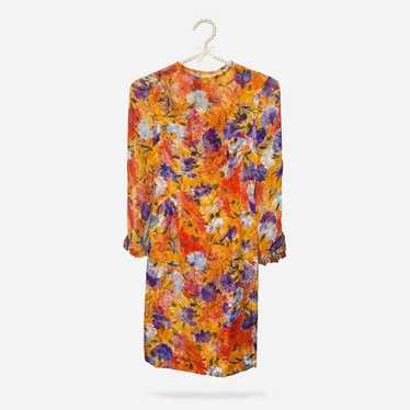 1950s Silk Chiffon Floral Dress, Ruffled Sleeves,… - image 1