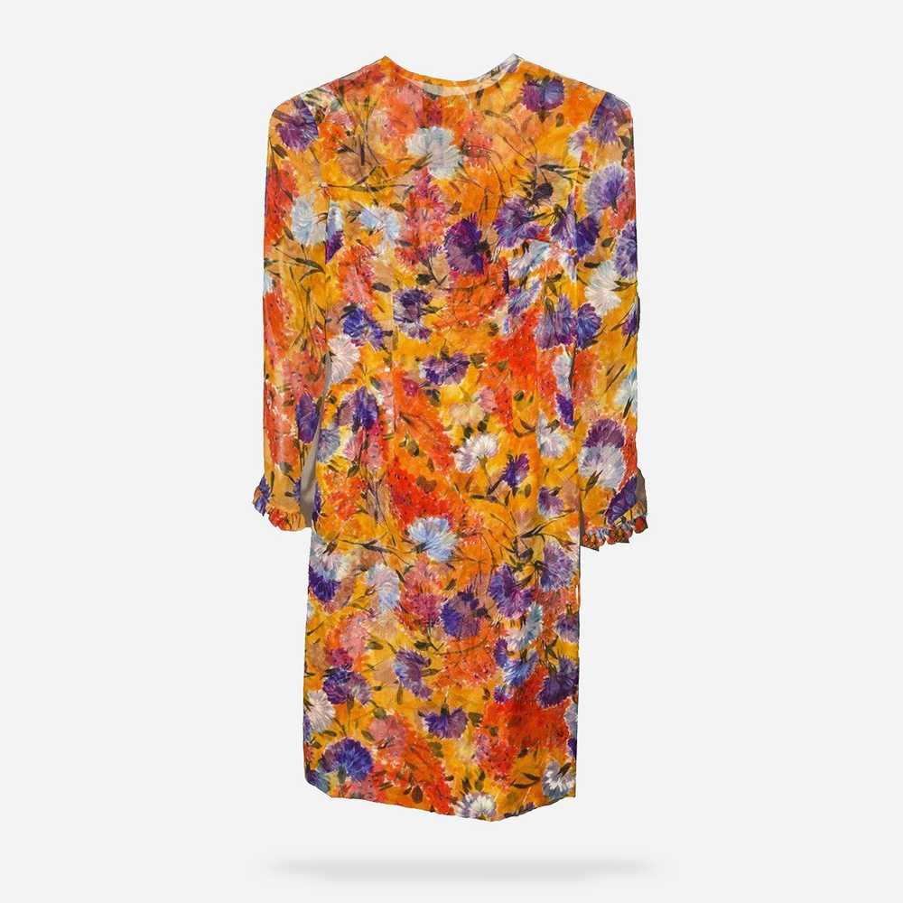 1950s Silk Chiffon Floral Dress, Ruffled Sleeves,… - image 5