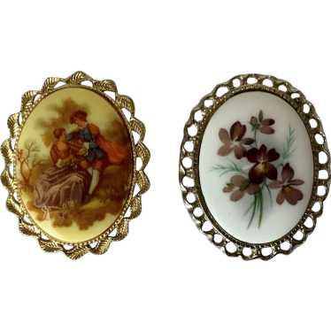 Pair of Vintage Brooch Pins with Courting Couple … - image 1