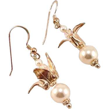 Sterling and Faux Pearl Drop Origami Leaf Earring… - image 1