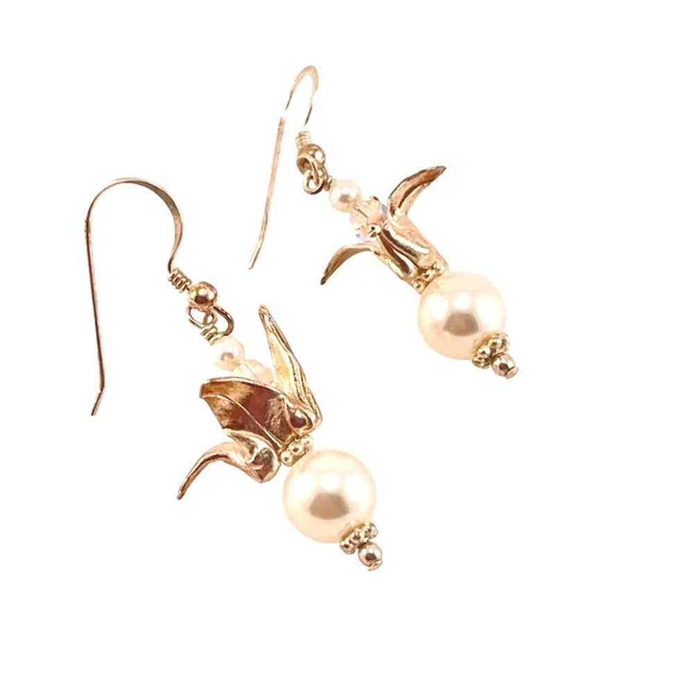 Sterling and Faux Pearl Drop Origami Leaf Earring… - image 4