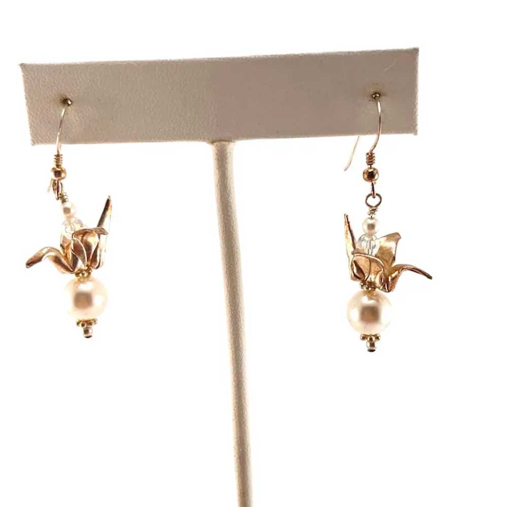 Sterling and Faux Pearl Drop Origami Leaf Earring… - image 8