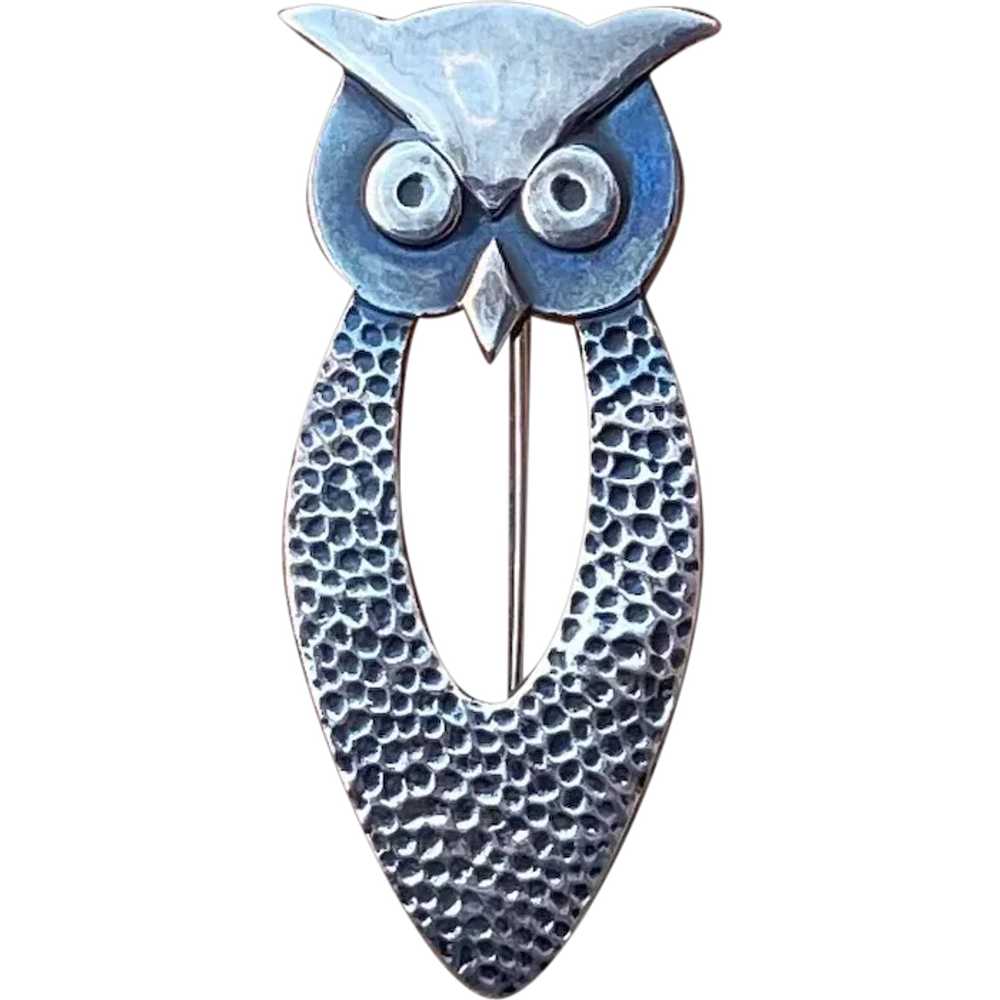 1970s Sterling Silver Owl Brooch Taxco Pin - image 1