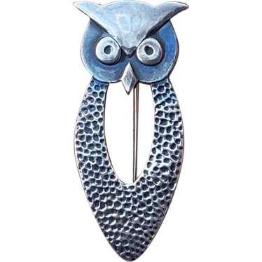 1970s Sterling Silver Owl Brooch Taxco Pin - image 1