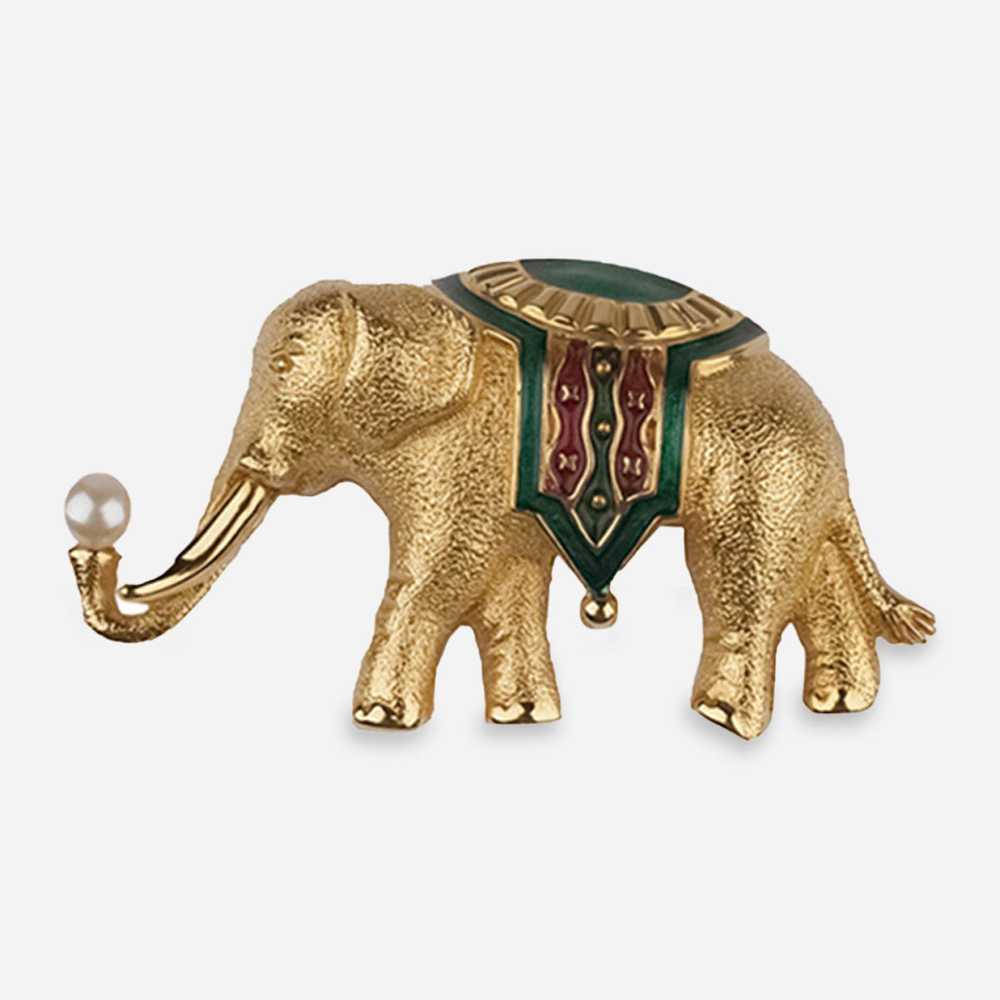 Gold-Plated Monet Elephant Brooch, Green & Red En… - image 1