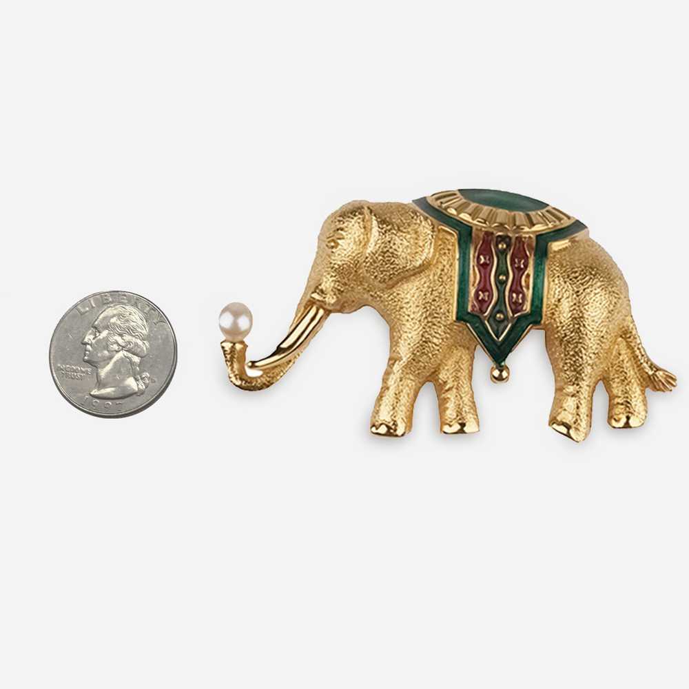 Gold-Plated Monet Elephant Brooch, Green & Red En… - image 3