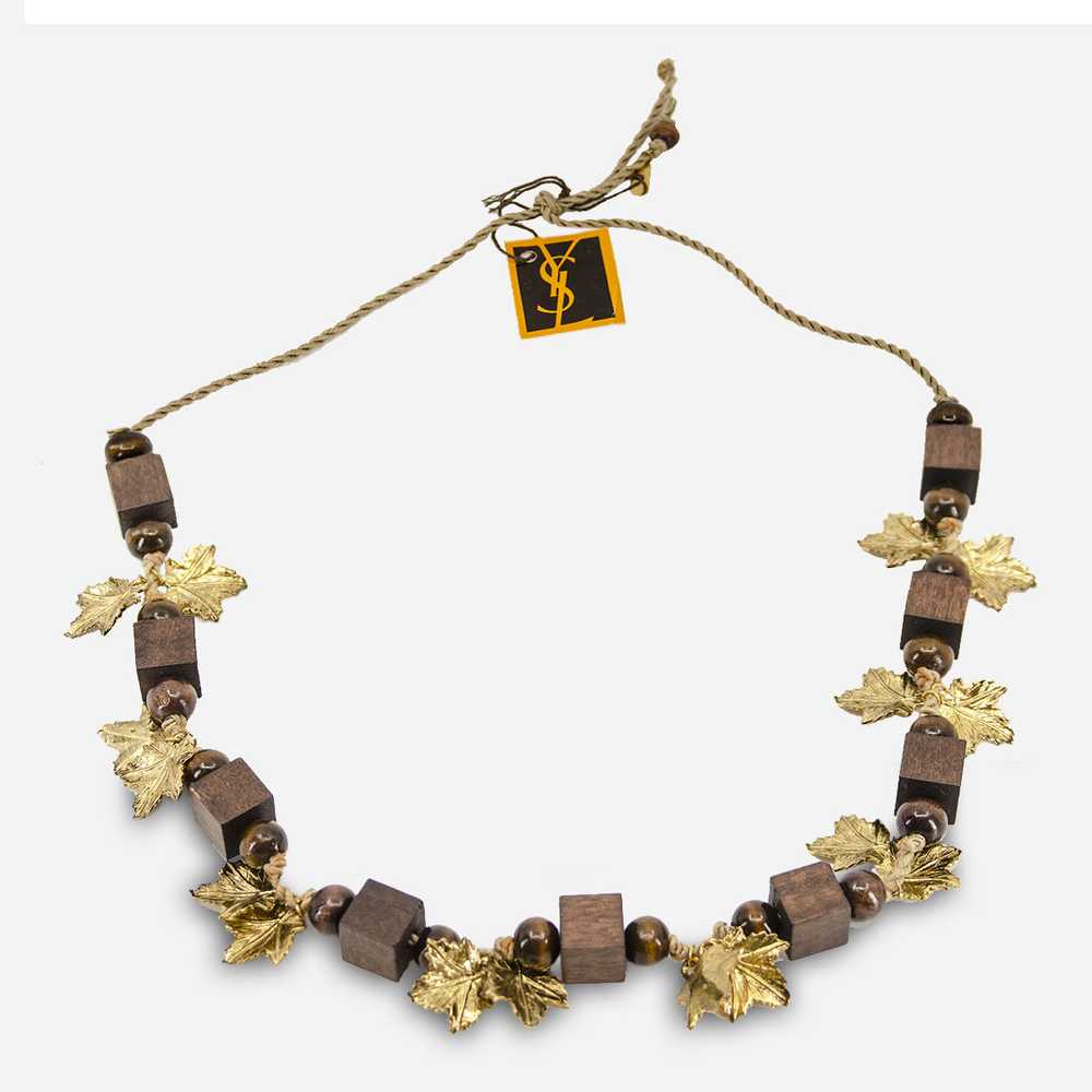 YSL Wooden Bead Necklace, Gilt Gold Leaves, Yves … - image 1