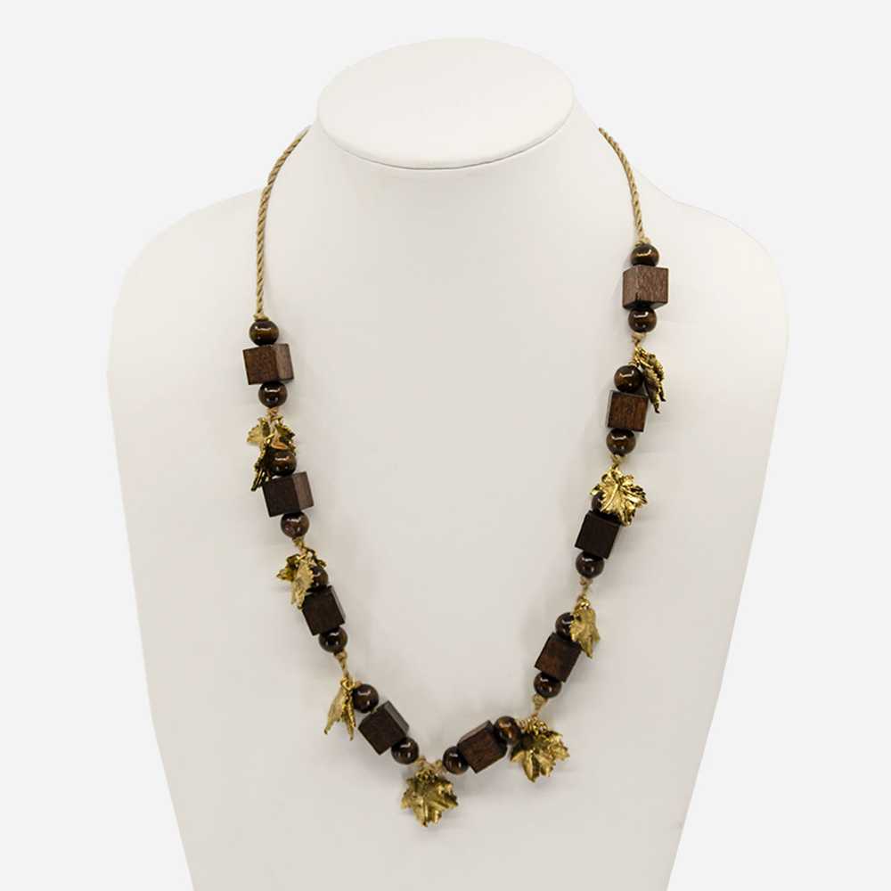 YSL Wooden Bead Necklace, Gilt Gold Leaves, Yves … - image 2
