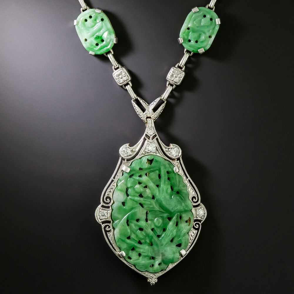 Art Deco Carved Jade And Diamond Necklace/Brooch - image 1