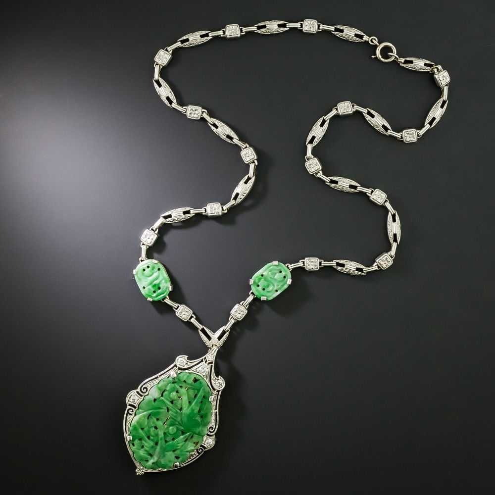Art Deco Carved Jade And Diamond Necklace/Brooch - image 2