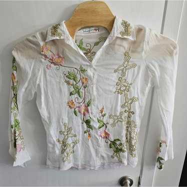 Johnny Was White Floral Embroidered Sheer Longsle… - image 1