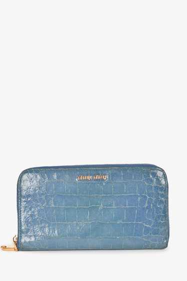 Miu Miu Blue Leather Croc Embossed Zip Wallet (As 