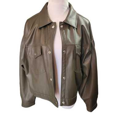 T Tahari Olive Faux Leather Jacket Size Large