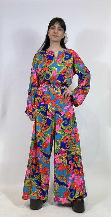 1970s Multicolor Psychedelic Floral Print Wide Leg