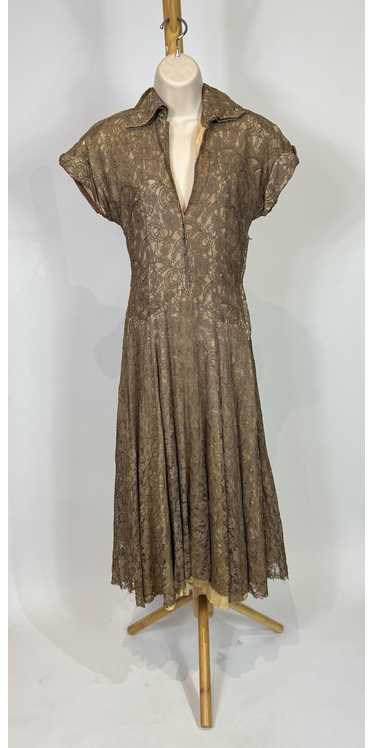1940s Brown Lace Short Sleeve Midi Dress