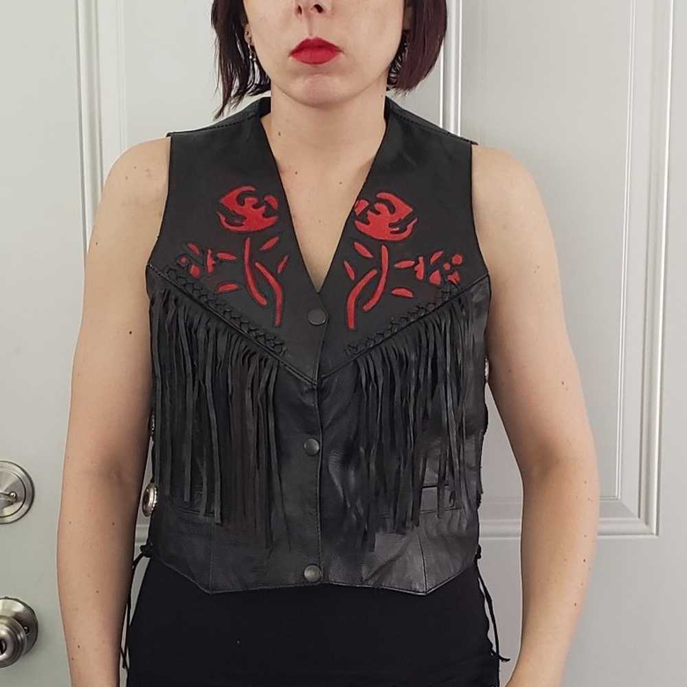 Vintage Leather Club Black Fringe Vest with Roses - image 1