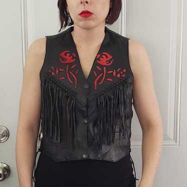 Vintage Leather Club Black Fringe Vest with Roses - image 1