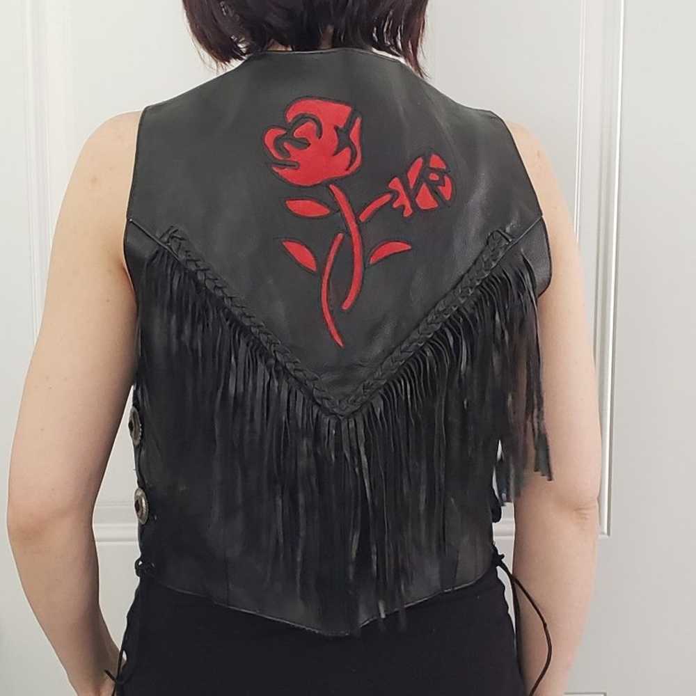 Vintage Leather Club Black Fringe Vest with Roses - image 3