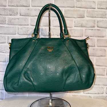 MCM EUC Monogram Green Leather Zip Tote - image 1