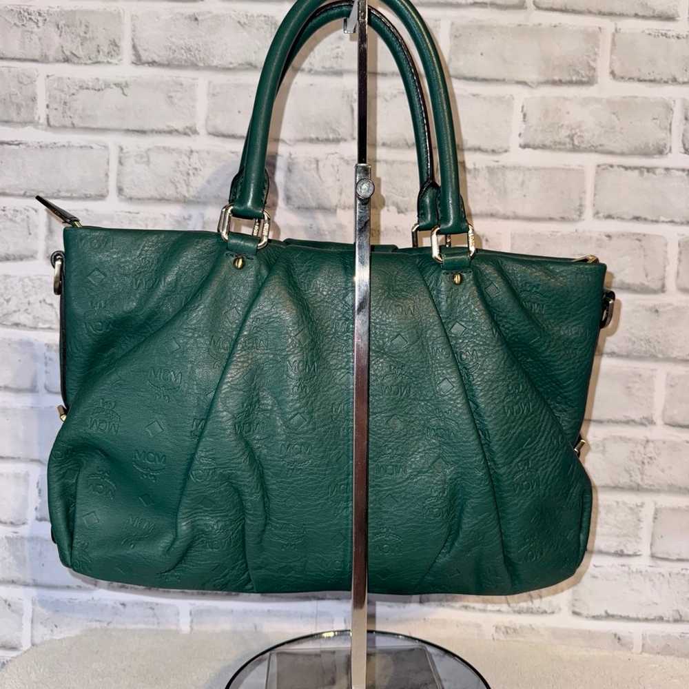 MCM EUC Monogram Green Leather Zip Tote - image 3