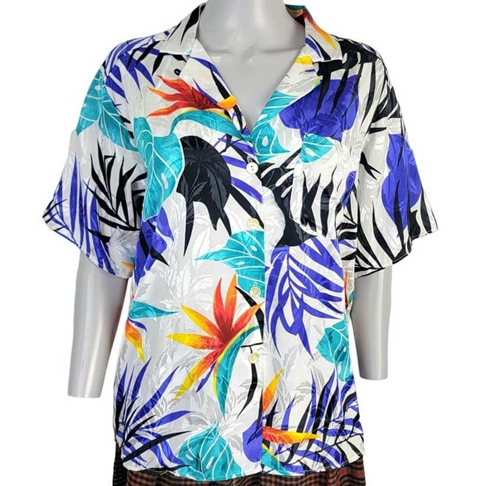 Vintage 80s Satin Tropical Shirt Women Large Embo… - image 2