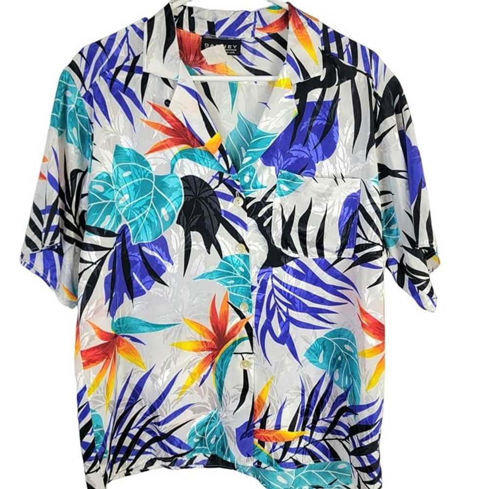 Vintage 80s Satin Tropical Shirt Women Large Embo… - image 8