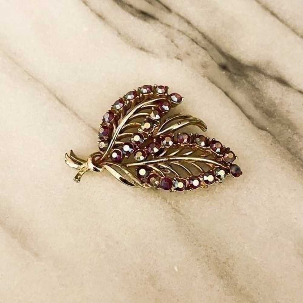 Vintage Aura Borealis Brooch Leaf Pin Gold Purple… - image 1